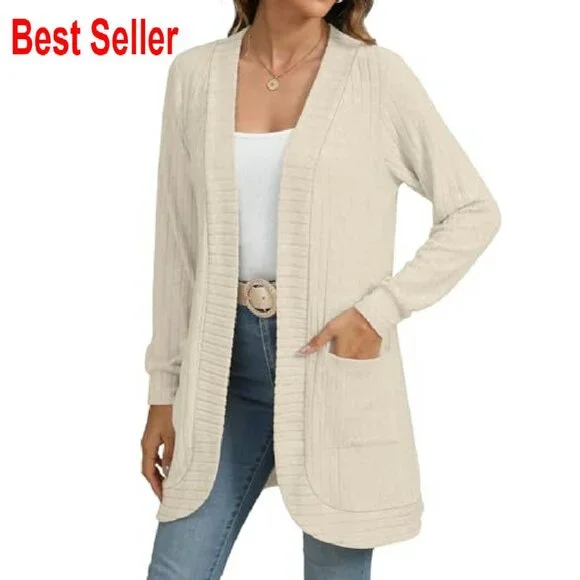 Long Sleeve Open Front Cardigan Lightweight Loose Knit Casual Chic Oversized - Picture 4 of 7
